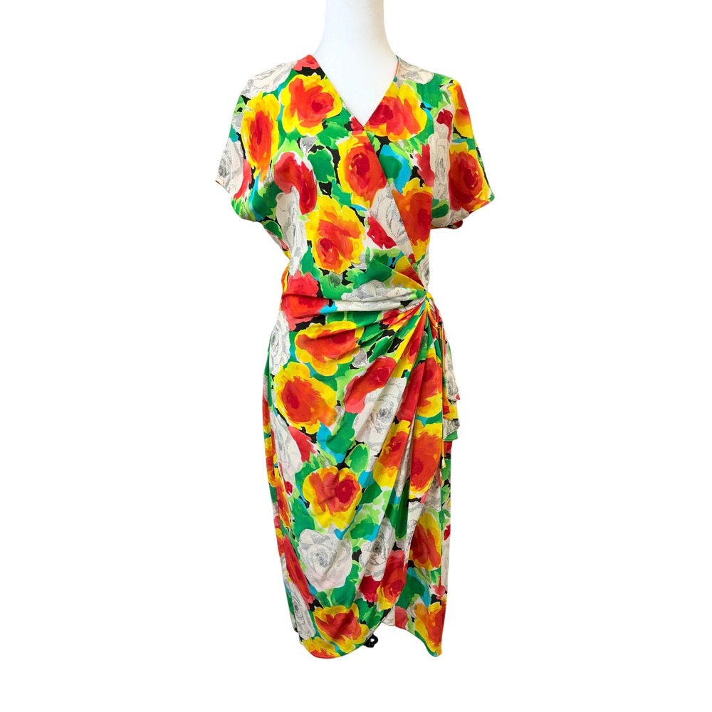Argenti Vintage 100% Pure Silk Vibrant Floral Wrap Midi Dress Multi Color Size 8